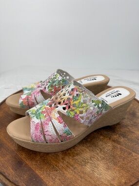 Spring Step Sandals Wm 10 Viniko Floral Cut Out Wedge Slides White Multicolor